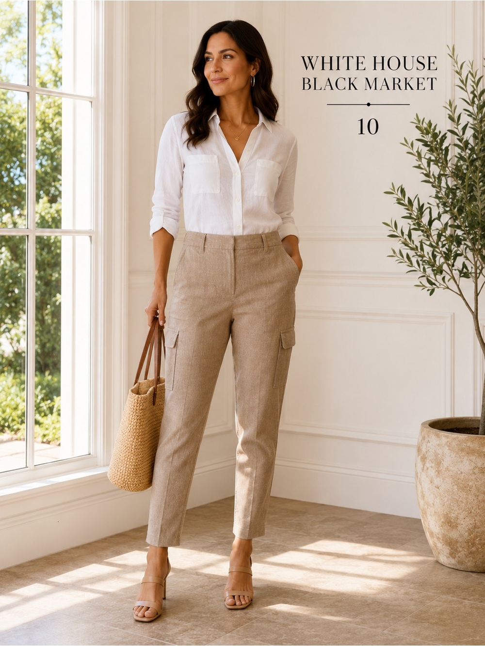 WHBM Tapered Ankle Linen Blend Cargo Pants Camel Tan Size 10